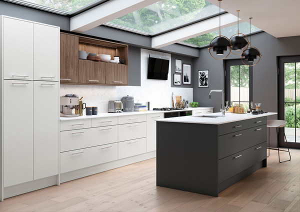 Masterclass kitchens Larna in Light Grey and Graphite, combined with Madoc in Tuscan Walnut. 