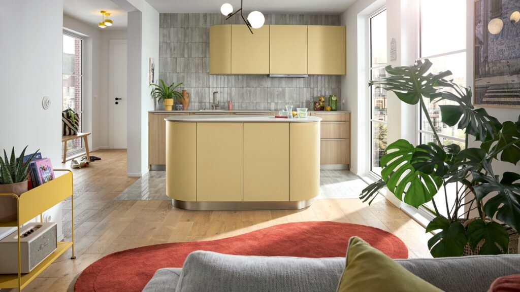 Sunshine Yellow kitchen combined with wooden ribbed doors 