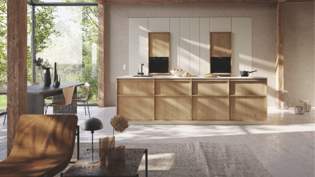 Wooden kitchen with slim frame