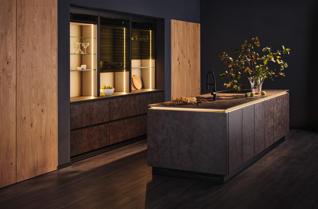 Warm wooden kitchen with LED display lighting