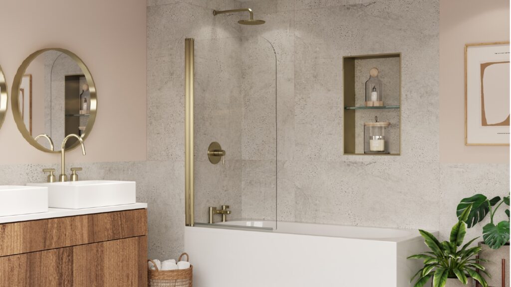 Bathroom with Brushed Brass bath screen and matching shower, storage niche, mirror and tap