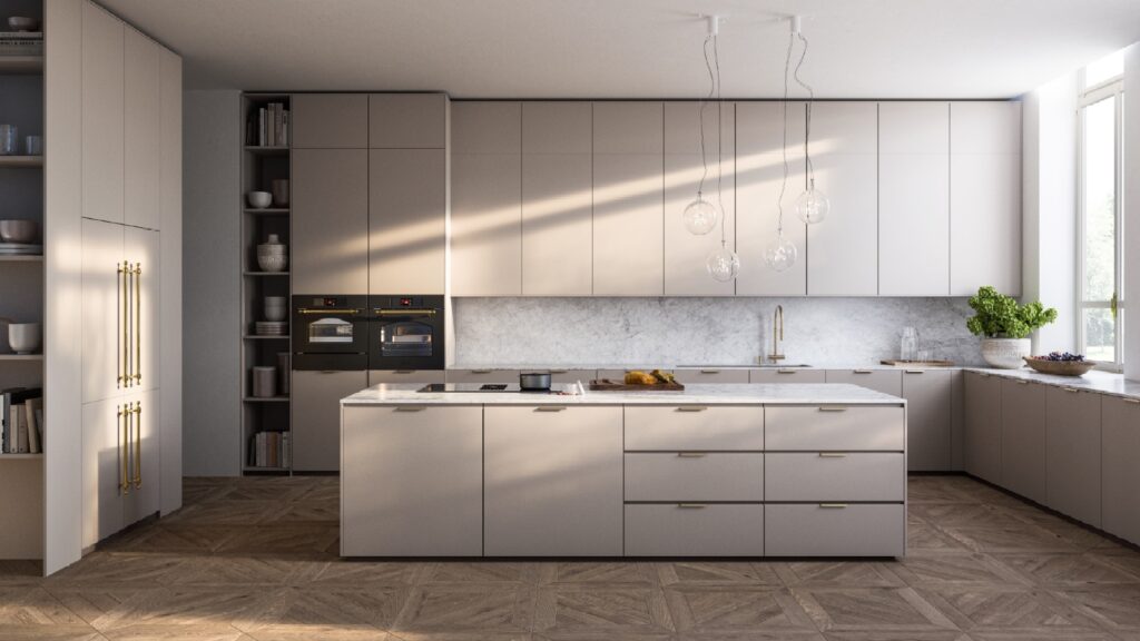 Neutral coloured kitchen with built in oven and refrigerator and open shelves