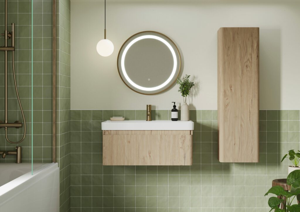 Textured wwood vanity with round circular mirror above the basin and tall wall cupboard