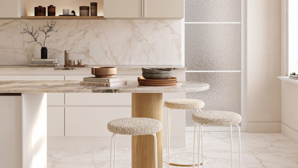 Neutral kitchen with marble effect porcelain tiles on floor and used as splash back